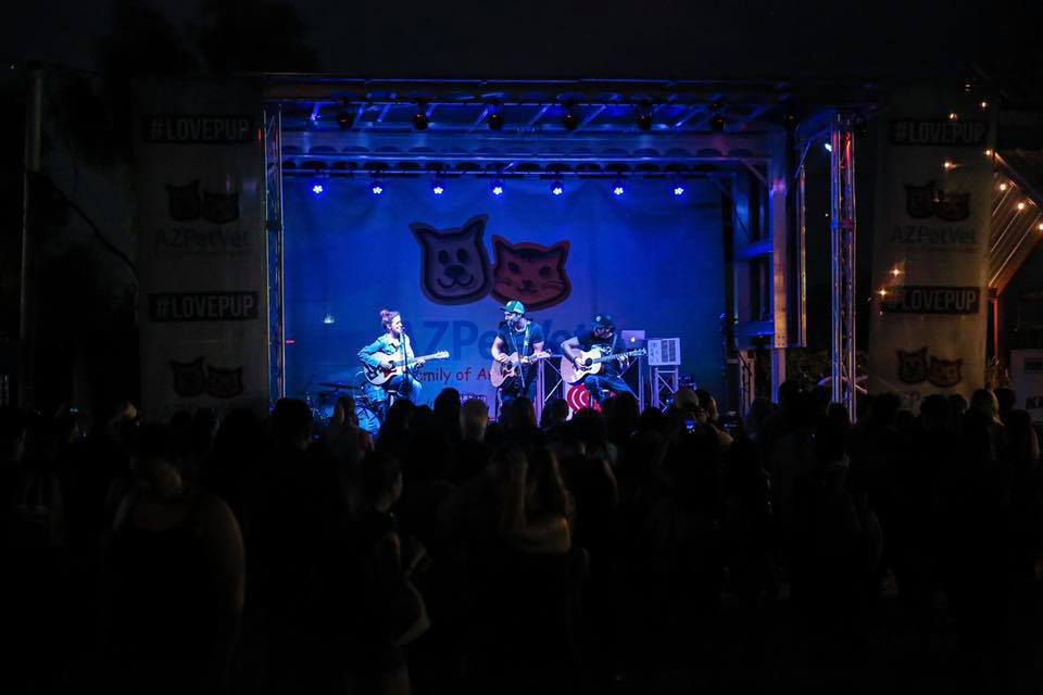 Nighttime Apex stage with #LovePup branded scrims and three acoustic performers in blue light