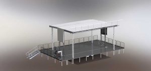 Three-dimensional rendering of the APEX 3224 GEN5 mobile stage with the roof extended, guardrails fitted and access stairs